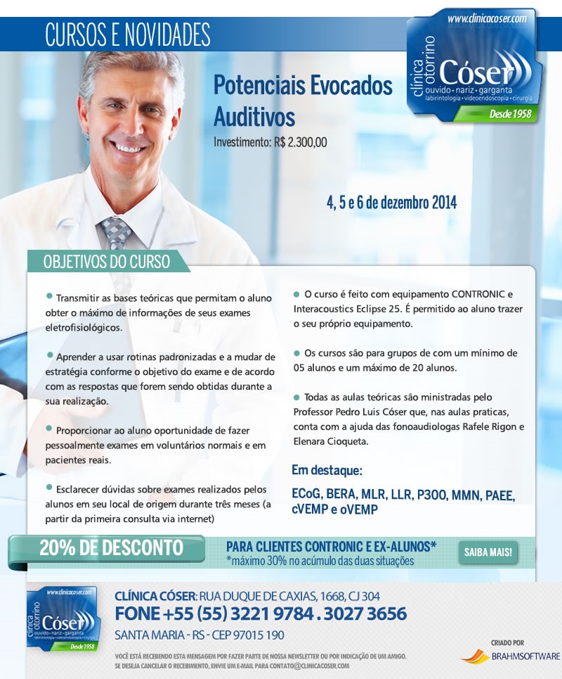 Veja a programação do Curso de Potenciais Evocados Auditivos realizado na Clínica Cóser.